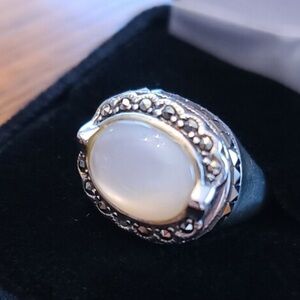 Beautiful chunky mother of pearl, Marcasite and sterling silver statement ring